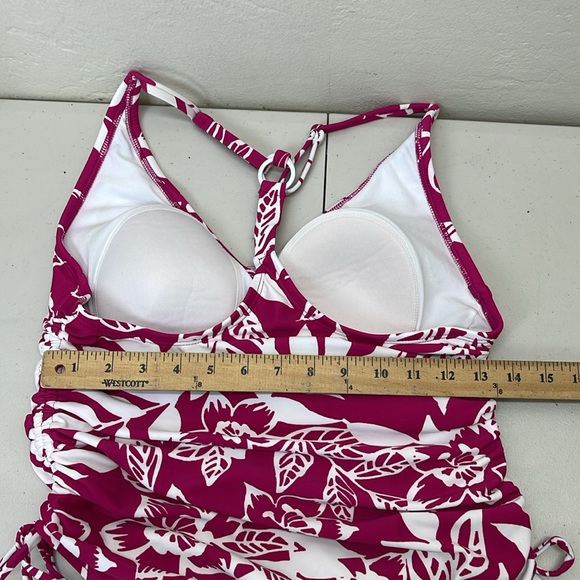Kona Sol Pink & White Tropical Leaf Print One Piece T-Back Adjustable Swimsuit M - Picture 4 of 9